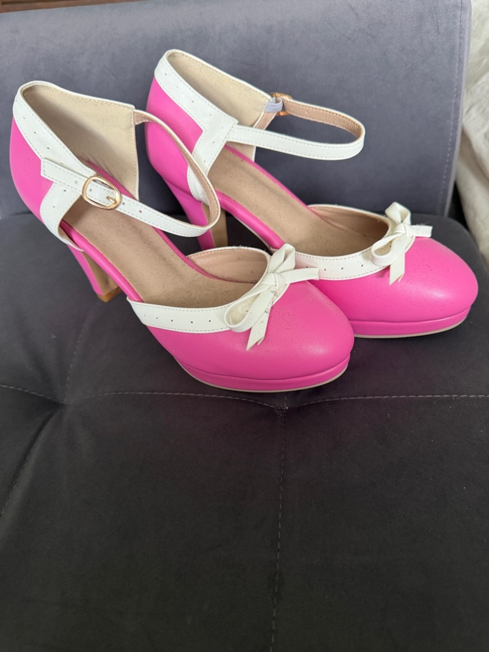 Classic Two-Tone Pink and White Peep-Toe Heels with Ankle Strap